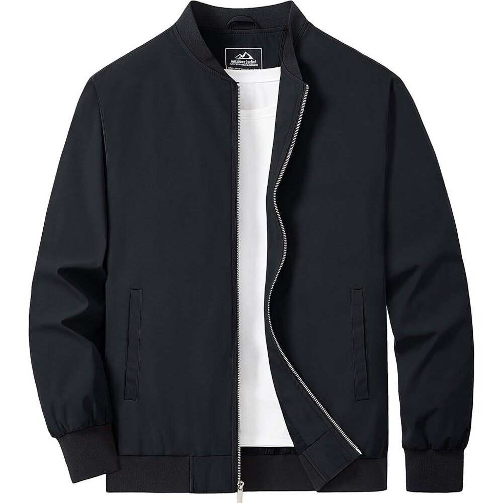 Men's Black Lightweight Casual Style Bomber Jacket Golf Coat Zip Up Pockets